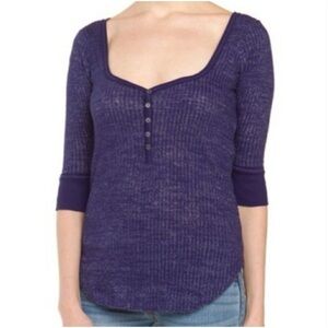 FREE PEOPLE WE THE FREE PURPLE RIBBED HENLEY 3/4 SLEEVE POPULAR BRAND TRENDY